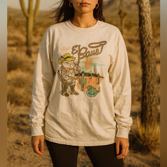 Cowboy Cat Graphic T-Shirt Visit El Paso Rope Desert Scene Western Size L - Picture 1 of 4